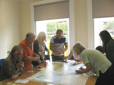 “Destinations – Explored and to be Explored: Gateshead Carers” (2012): world map (102cm x 138cm), stickers